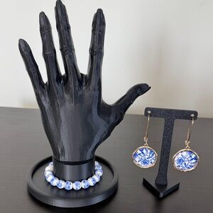 Elegant Blue and White Porcelain Jewelry Set (earrings and bracelet)